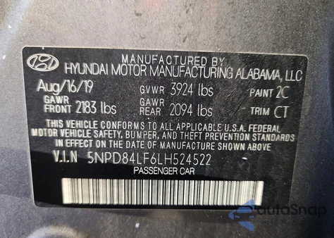 2020 Hyundai Elantra Sel z USA, uszkodzony, nr VIN 5NPD84LF6LH524522